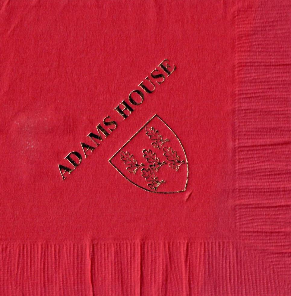 Adams House: gold foil on red cocktail napkin, for Harvard
