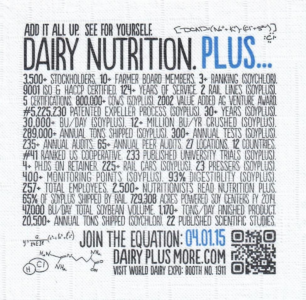 "Dairy Nutrition. Plus..." 2 color semi-crepe ScanNap napkin for World Dairy Expo 2015