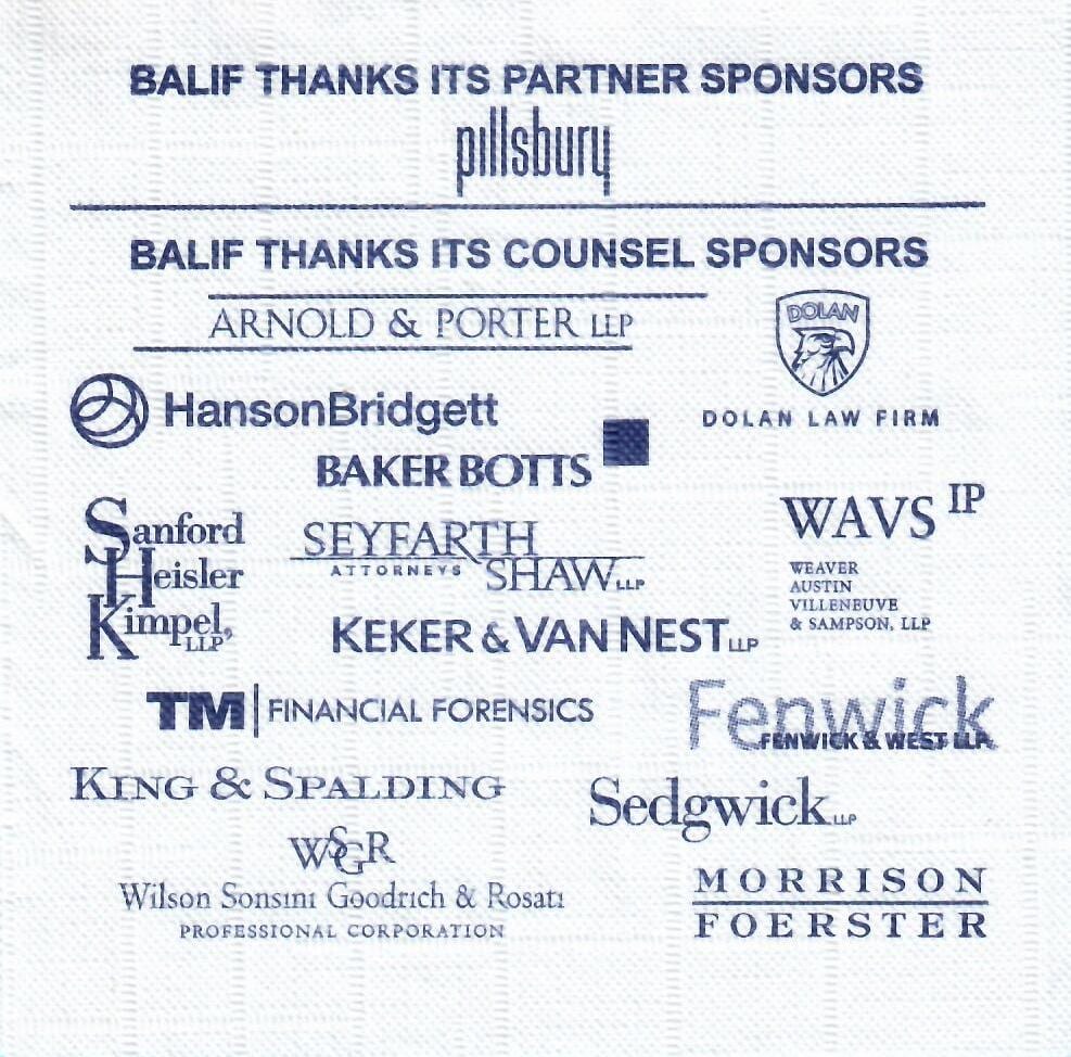 Semi-crepe custom beverage napkin: "Balif" sponsor thank-you