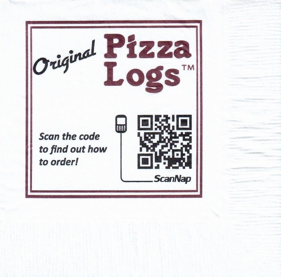 "Original Pizza Logs" 2 color custom ScanNap napkin with QR code