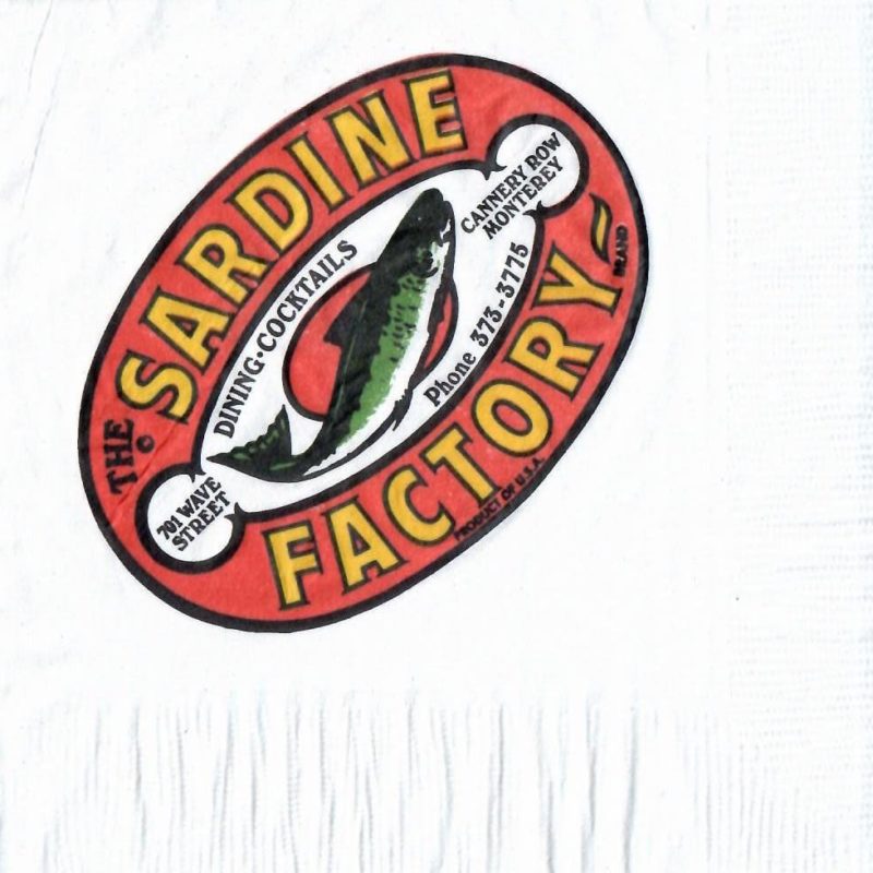 The Sardine Factory: 4 color cocktail napkin for Monterey restaurant