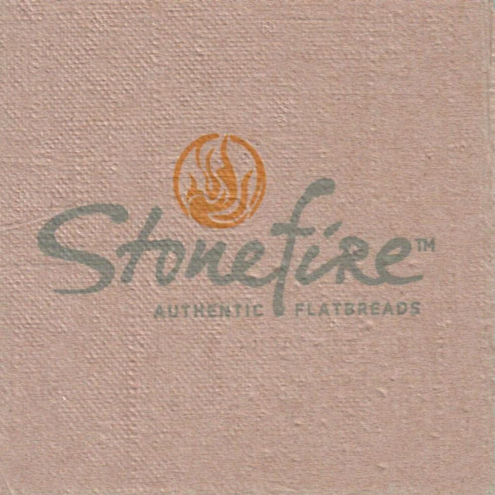 Stonefire Authentic Flatbreads: gray and yellow ink on kraft semi-crepe beverage napkin