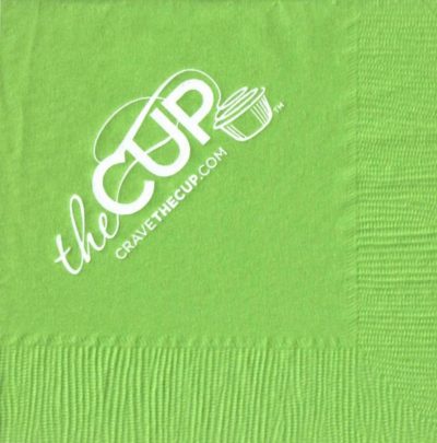 The Cup, cravethecup.com: white foil on lime green cocktail napkin