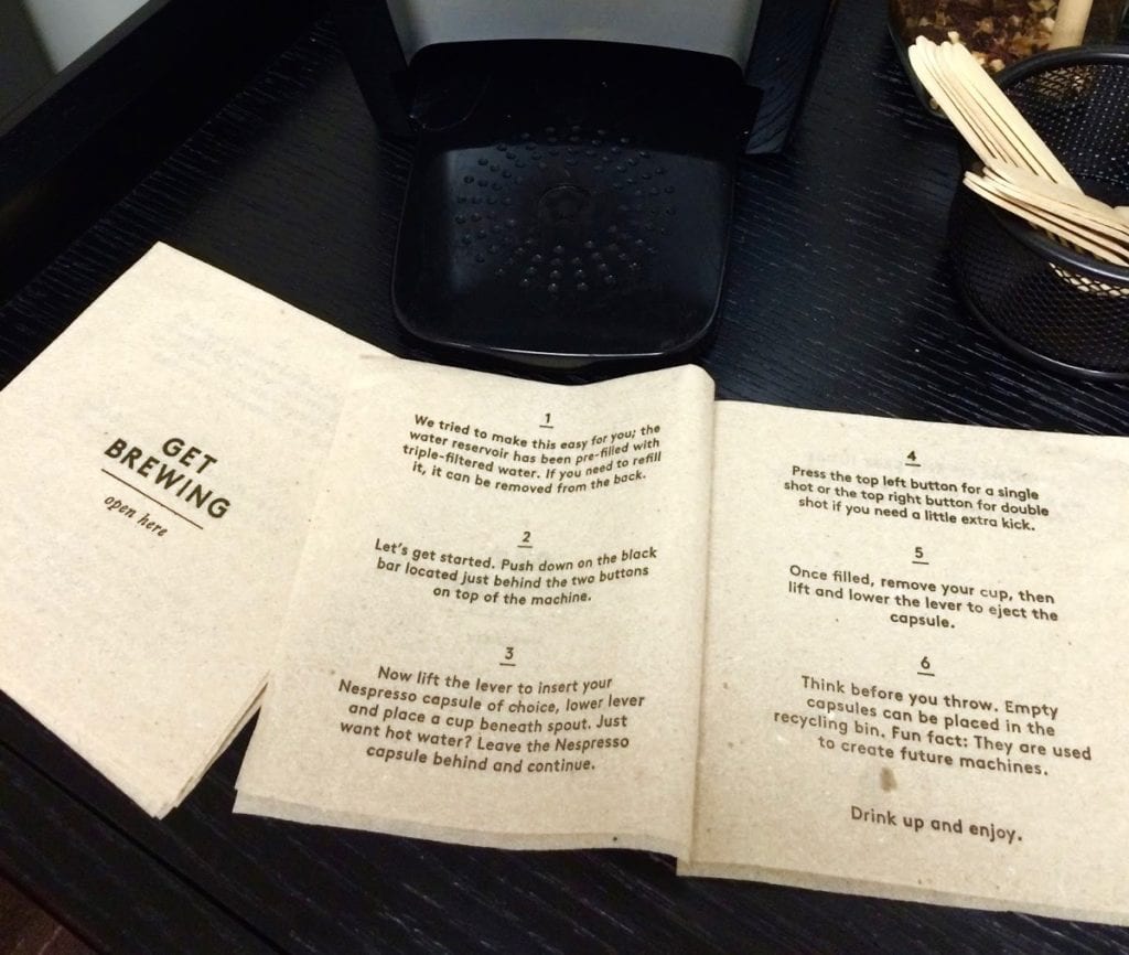Get Brewing: custom kraft napkin instructional booklet, 6 steps on how to operate the Keurig coffee maker