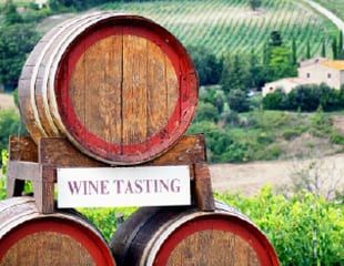 Wine barrels on edge of vineyard with "Wine Tasting" Sign