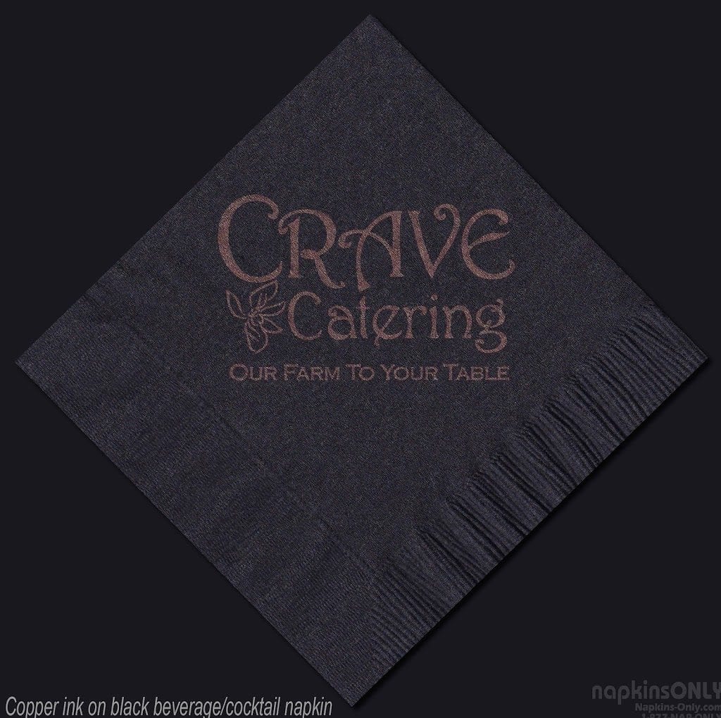 "Crave Catering" copper ink on black custom cocktail napkin