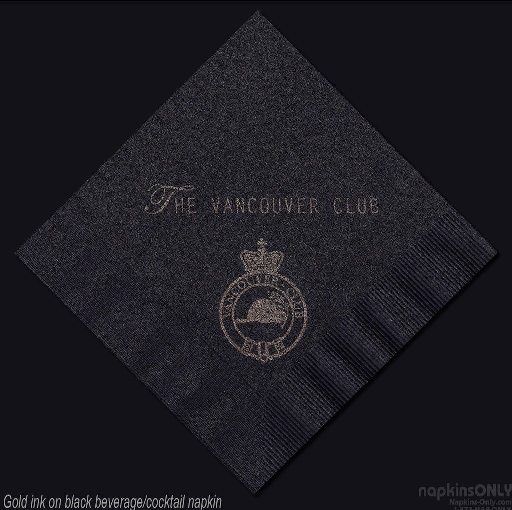 "The Vancouver Club" gold ink on black napkin