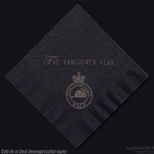 Gold ink "The Vancouver Club" custom black cocktail napkin