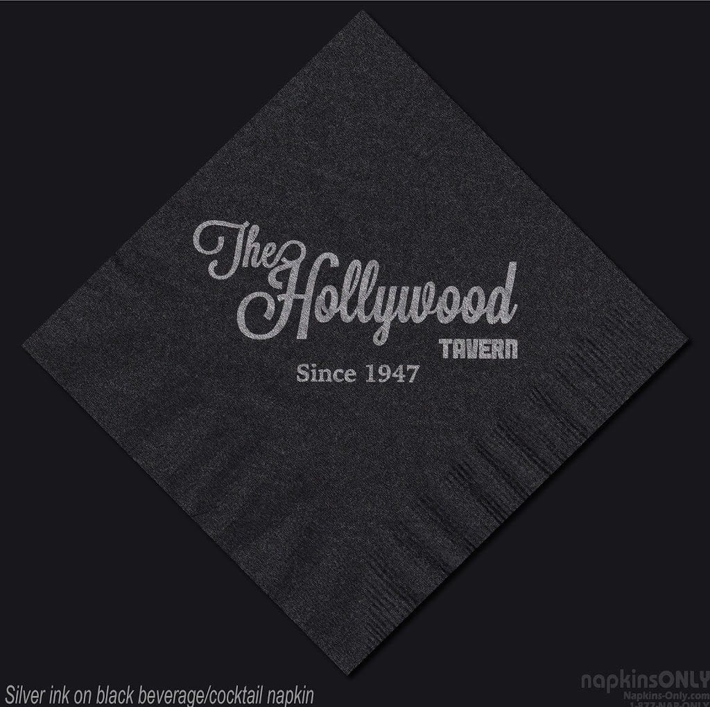 "The Hollywood Tavern" silver metallic ink on black napkin
