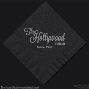 Silver ink "The Hollywood Tavern" custom black cocktail napkin