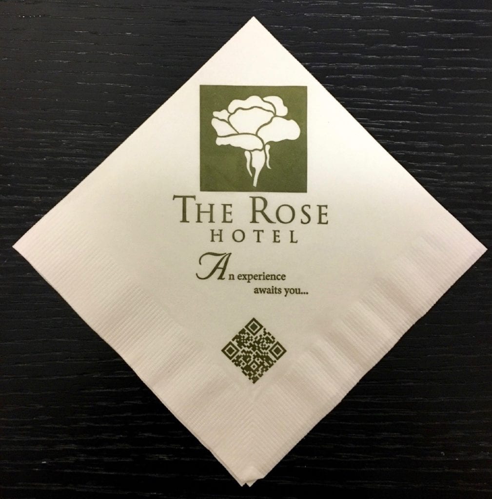 The Rose Hotel ScanNap printed napkin with QR code