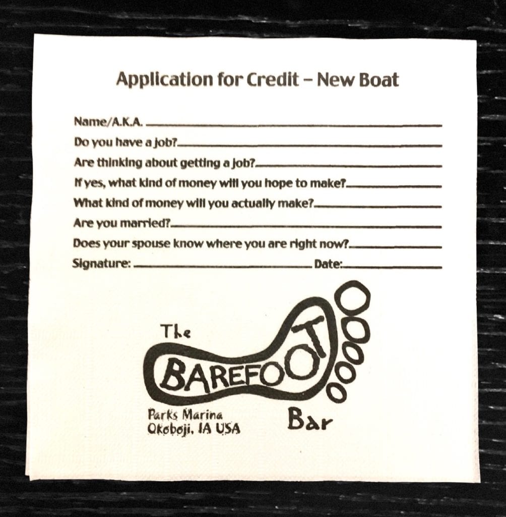"The Barefoot Bar, Application for Credit" custom semi-crepe beverage napkin