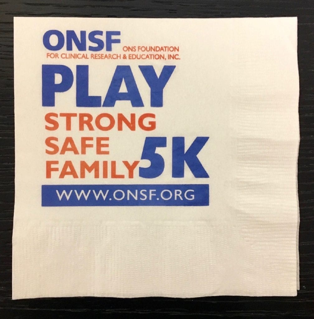 Two color custom napkin, advertising ONSF 5k marathon