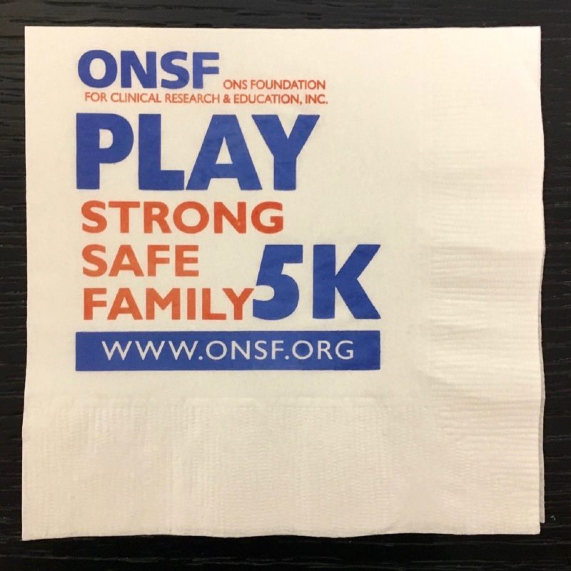 Two color custom napkin, advertising ONSF 5k marathon