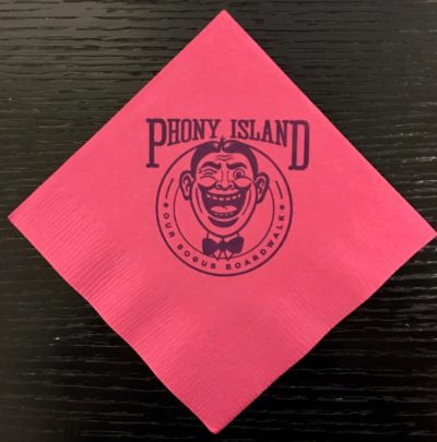 "Phony Island" custom hot pink napkin for corporate event