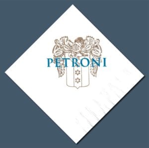 Blue and gold ink "Petroni" custom white beverage napkin