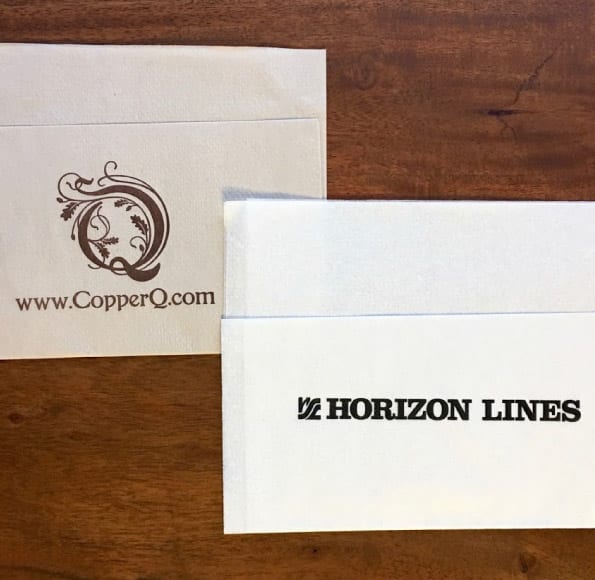 "Horizon Lines" and "www.CopperQ.com" dispenser napkins