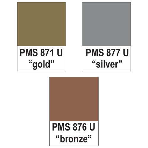 PMS 871 showing gold, PMS 877 showing silver, PMS 876 showing bronze